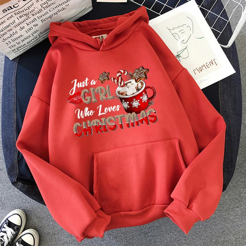 Just A Who Loves Christmas Graphic Hoodies Cozy Holiday Design with Hot Beverage and Snowflakes Sweatshirts Unisex Hoody Clothes