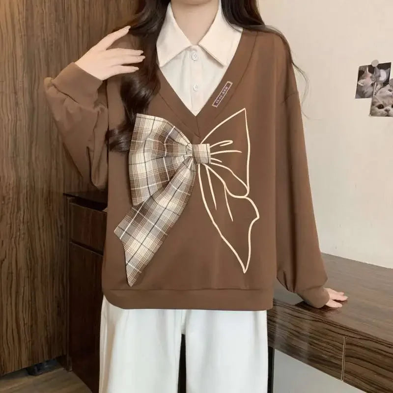 Fake Two-piece Bow-long Sleeve Sweatshirt for Women in Early Autumn Slimming Versatile Top
