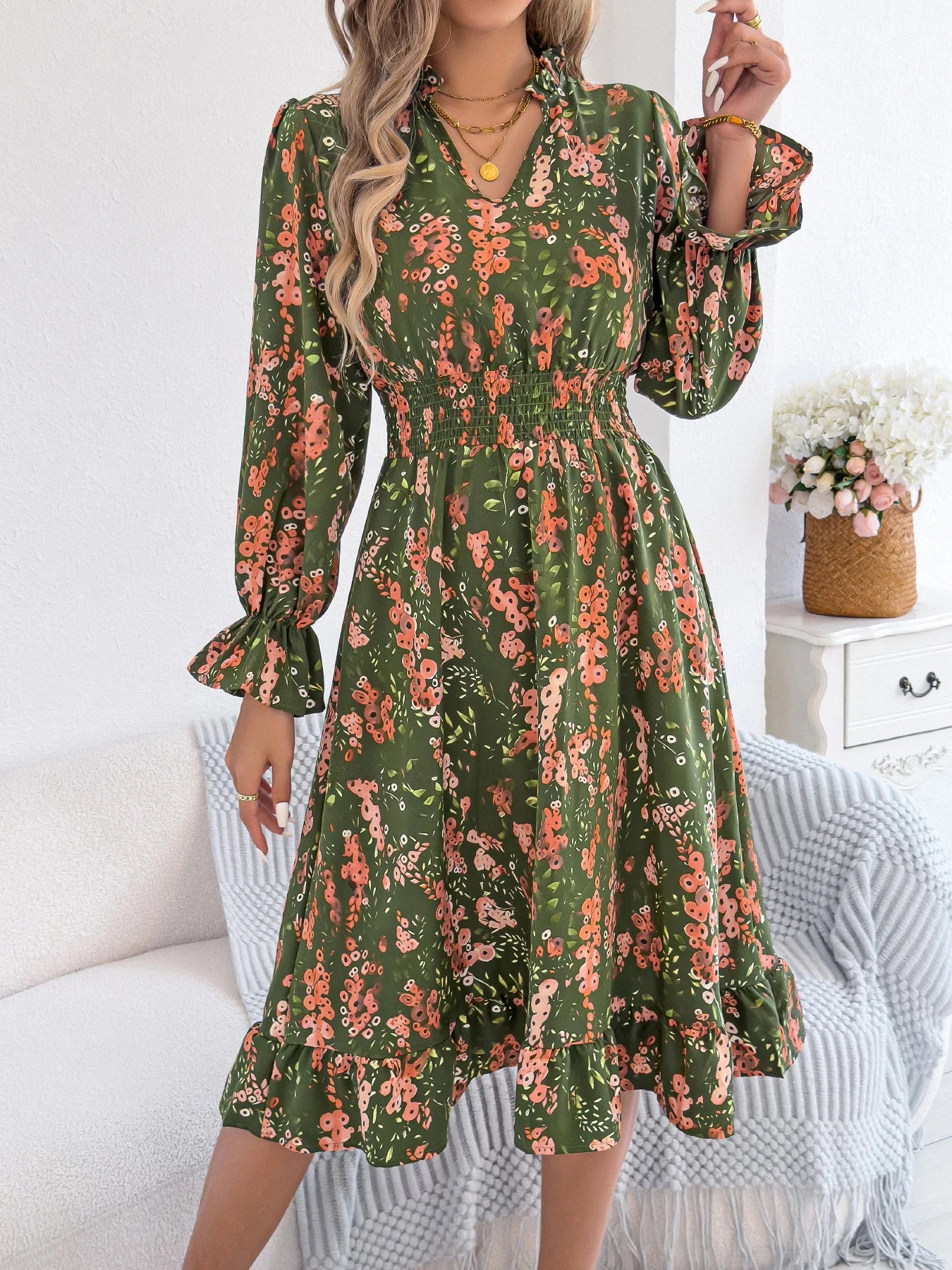 Elegant Floral Print Dresses Women 2025 Autumn Winter V Neck Flare Long Sleeve Ruffled A Line Dress