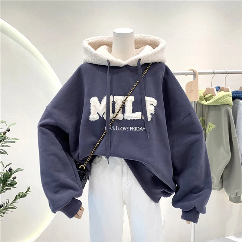 Women Loose Fashion Autumn Letter Splicing Lamb Hoodies Sweatshirt Casual Cotton Thick Long Sleeve Female Pullover Streetwear