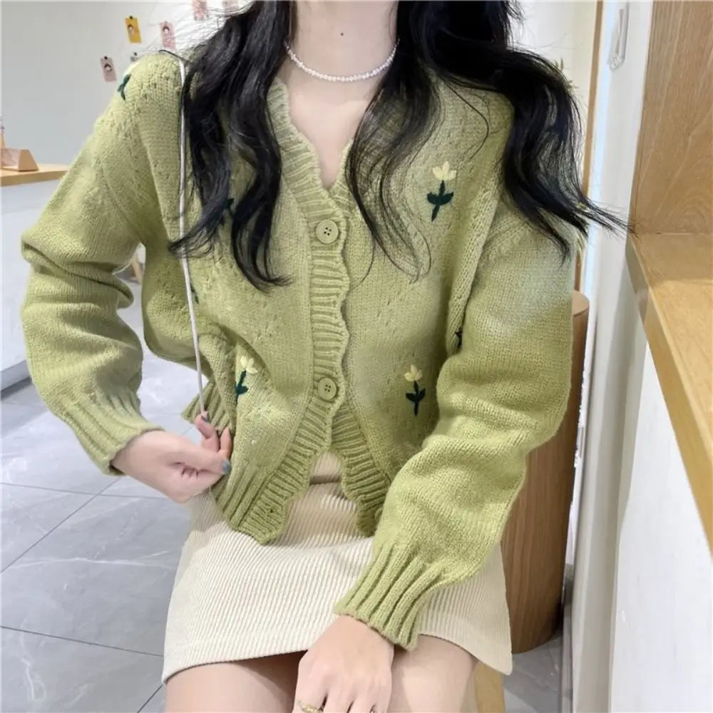 Candy Color Short Knitted Sweater Long Sleeve Flower Embroidery Women Knitted Cardigan Slim INS Korean Style Sweater Female