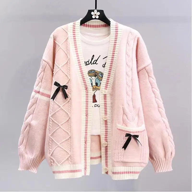 Japanese bow sweater jacket for women's autumn and winter new loose and trendy design knitted sweater
