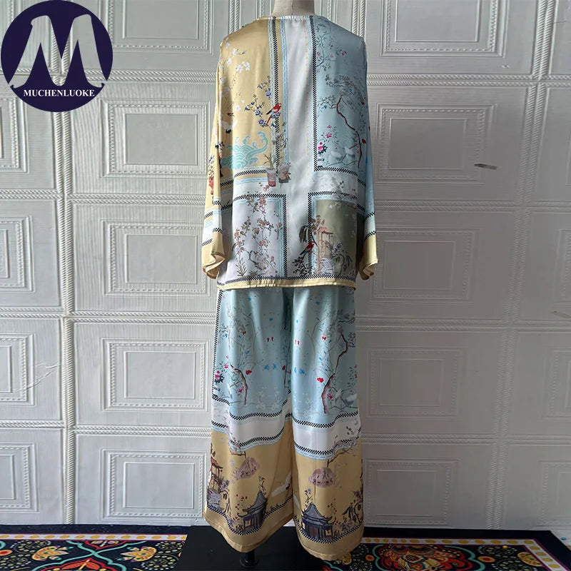 Women's Two Pieces Set Summer New Elegant Printed Long Sleeves V Neck Top Suits Fashionable Casual Loose Wide Leg Pants Sets