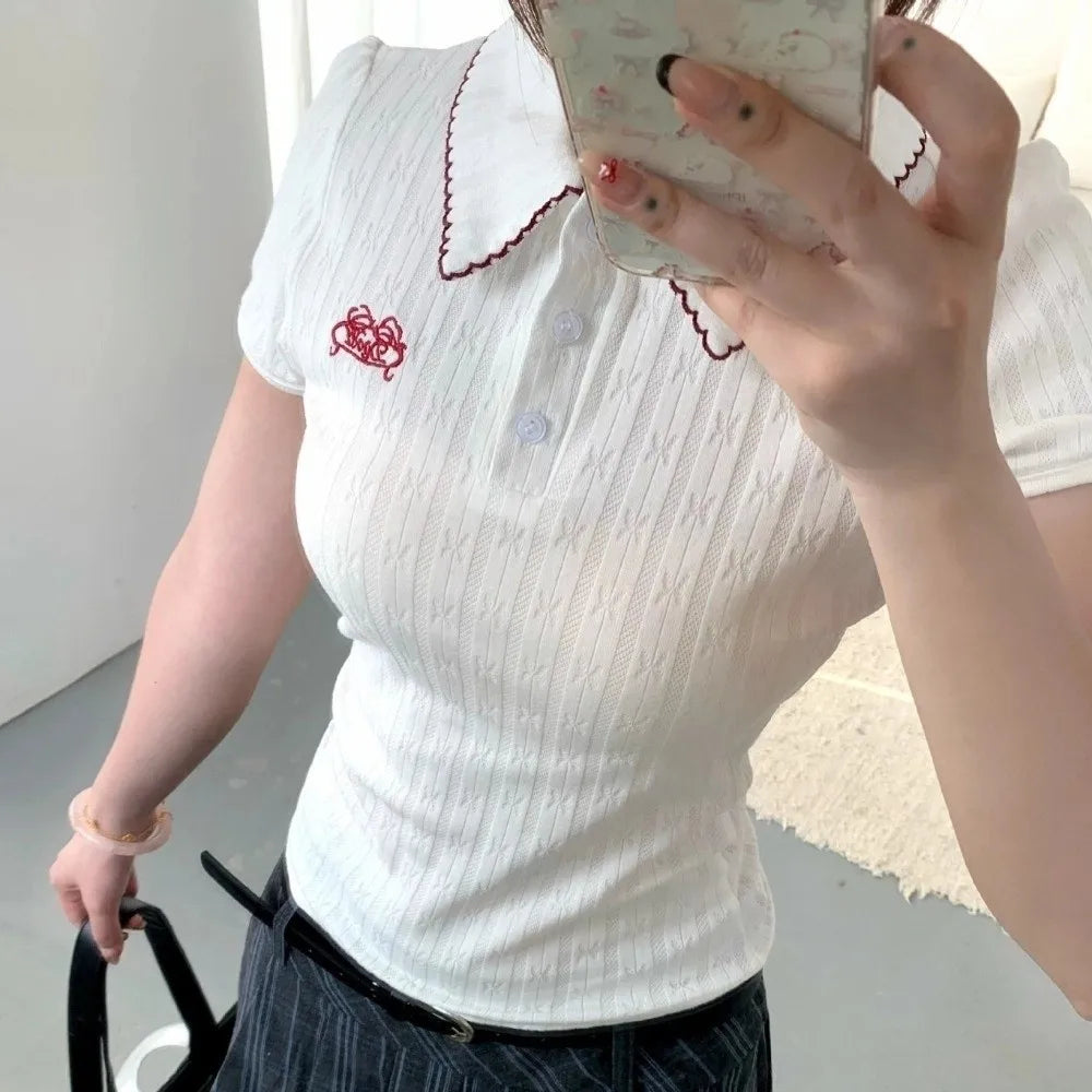 Sweet Embroidery Korean T-Shirt Streetwear Short Knitwear Tops Pullover Tanks Y2K Crop Top Girls