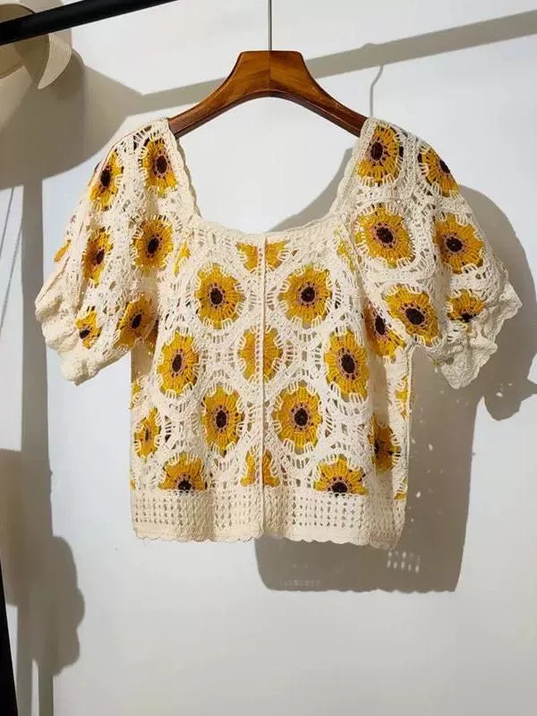 Embroidered Daisy Crochet Top Puff Sleeve Square Neck Openknit Floral Crop Blouse Summer Women Teen-girl Fairycore Outfit