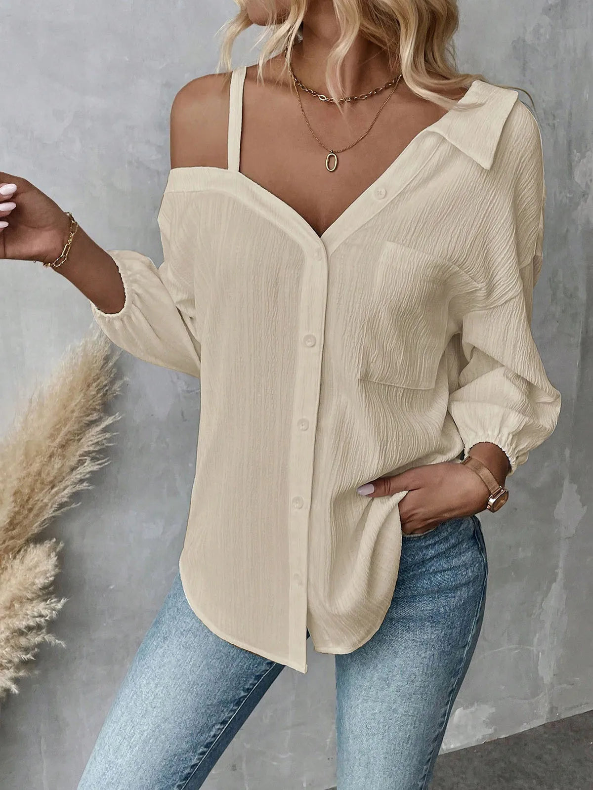 Women Solid Shirt Sexy V Neck Off Shoulder White Shirts Tops Lady Fashion Pockets Button Office Top Womens Clothing Summer New
