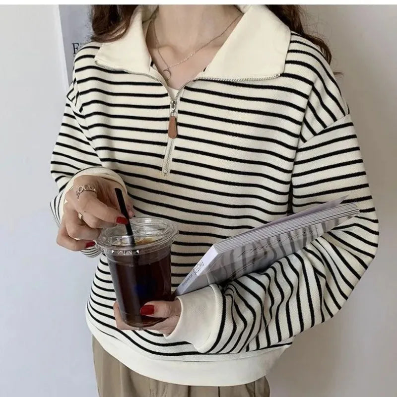 Polo Collar Sweatshirt for Women 2025 Autumn Small Short Jacket Striped Long Sleeve Top Pullover Top Trendy