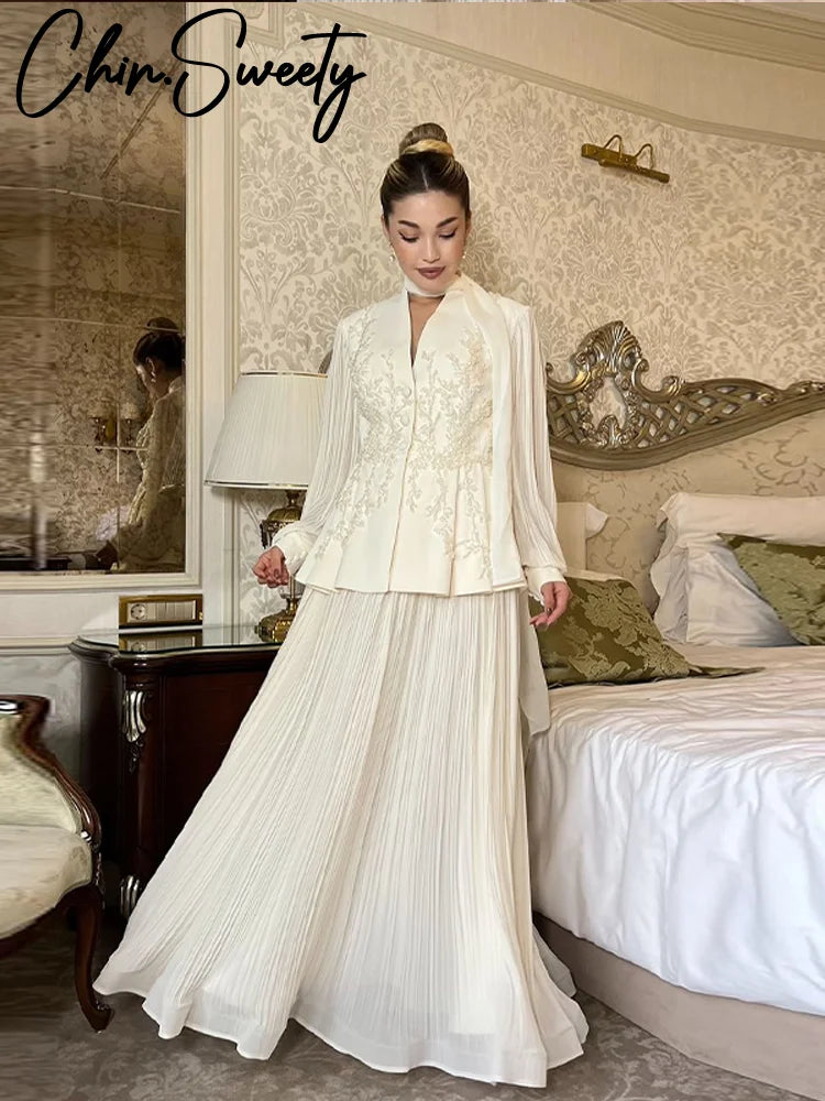 Elegant 3D Flower Solid Women Top Set  V-neck Lantern Sleeve A Line Pleated Lady Skirt Sets 2025 Autumn Female Suit New