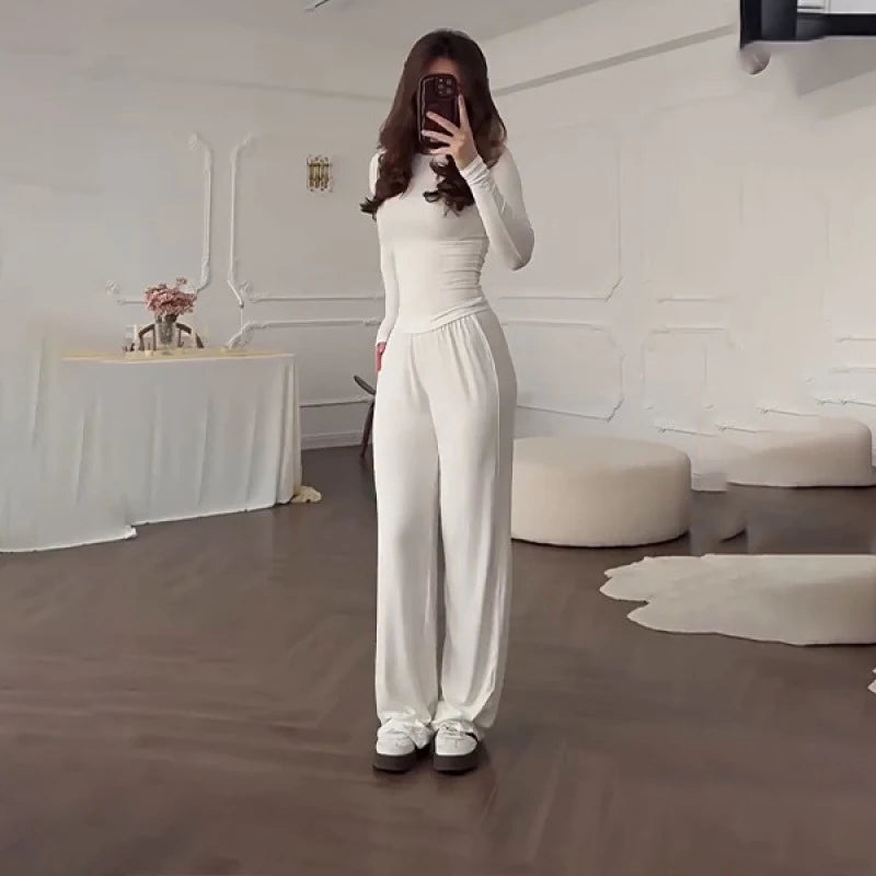 Solid Top Trousers Women Set Slim Long Sleeve O-neck Tops Pleated Straight Pocket Pants 2026 Spring Summer Vacation Lady Outfit