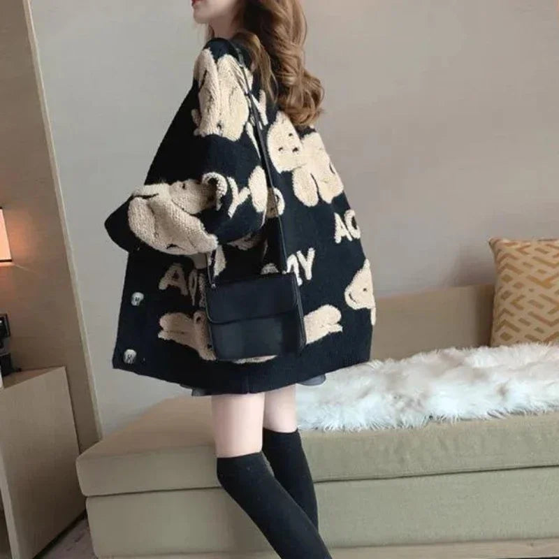 Long Knit Tops for Woman Graphic Black Winter Button Cardigan Cute Women's Sweater Kawaii V-neck Korean Fashion Crochet Luxury