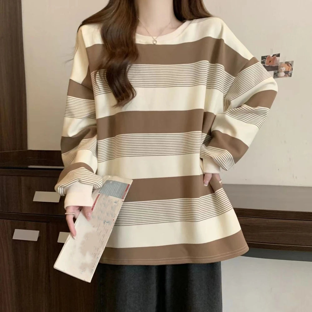 Korean Style Retro Long Sleeve T Shirt Plus Size Loose Sweatshirts for Women Chic Stylish Striped Blouse Streetwear