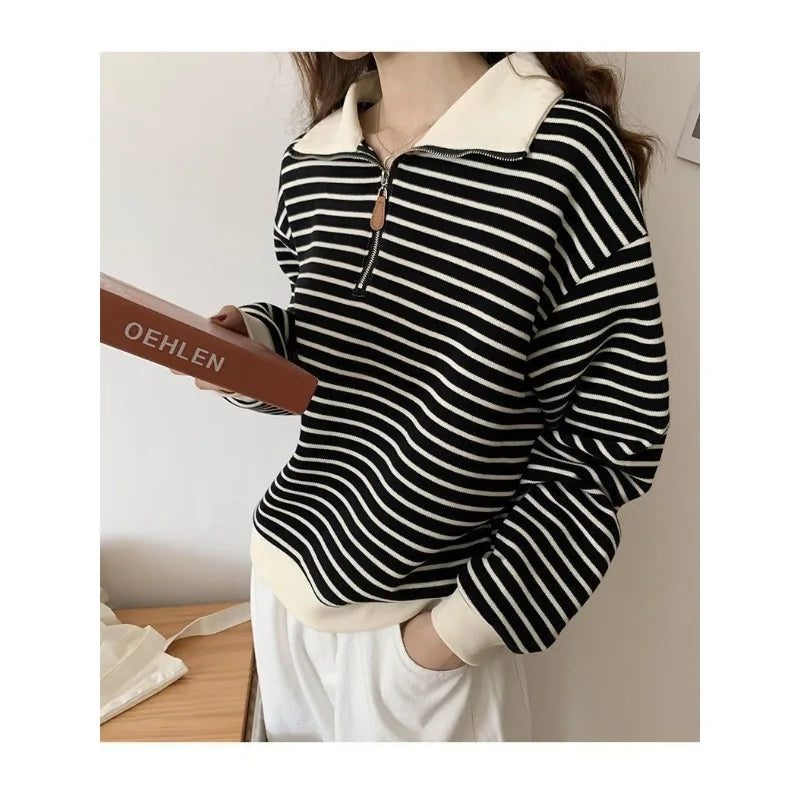 Polo Collar Sweatshirt for Women 2025 Autumn Small Short Jacket Striped Long Sleeve Top Pullover Top Trendy