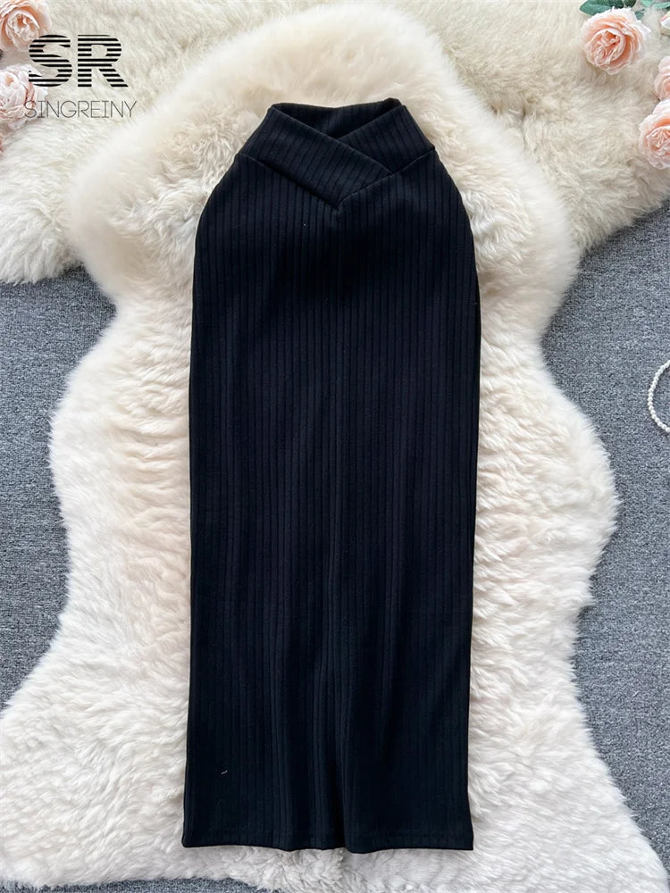 SINGREINY Soft Knit Long Skirt Women Autumn Elastic High Waist Solid Elegant Fashion 2023 Ladies Slim Casual Y2K Classic Skirt