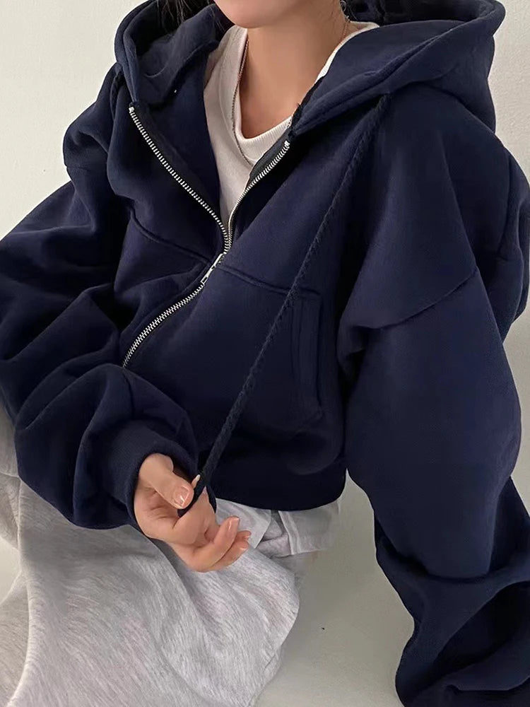 Korean Fashion Hood Shirt Women Zipper Cropped Jackets Streetwear Harajuku Long Sleeve Sweatshirt Solid Casual Female Hoodies