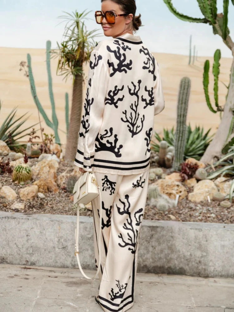 Women Casual Loose Two Piece Pants Sets 2024 New Autumn Satin Printing Long Sleeve Shirts Women Sets Fashion Women Outfits