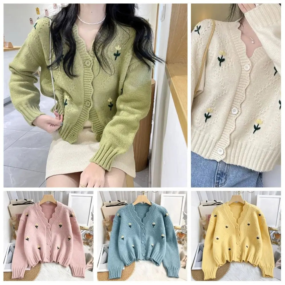 Candy Color Short Knitted Sweater Long Sleeve Flower Embroidery Women Knitted Cardigan Slim INS Korean Style Sweater Female