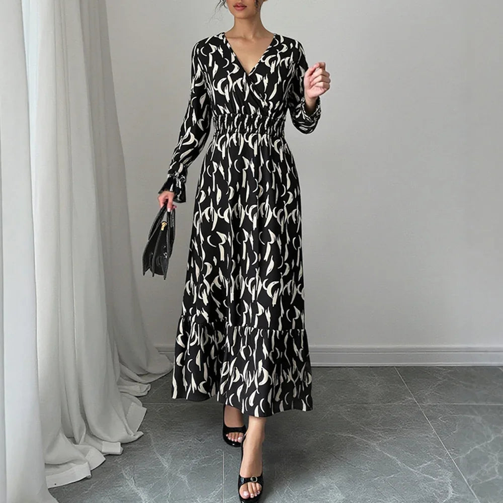 Mia Muse Dresses Summer Daily Casual Patchwork Long Sleeve V-Neck Fitted Waist Simple Maxi Dresses For Women