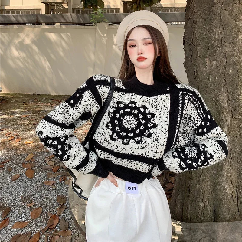 Women's Sweater Graphic Short Knit Tops for Woman Crop Pullovers Round O Neck Long Sleeve Crochet Korean Style Winter 2025 Sale