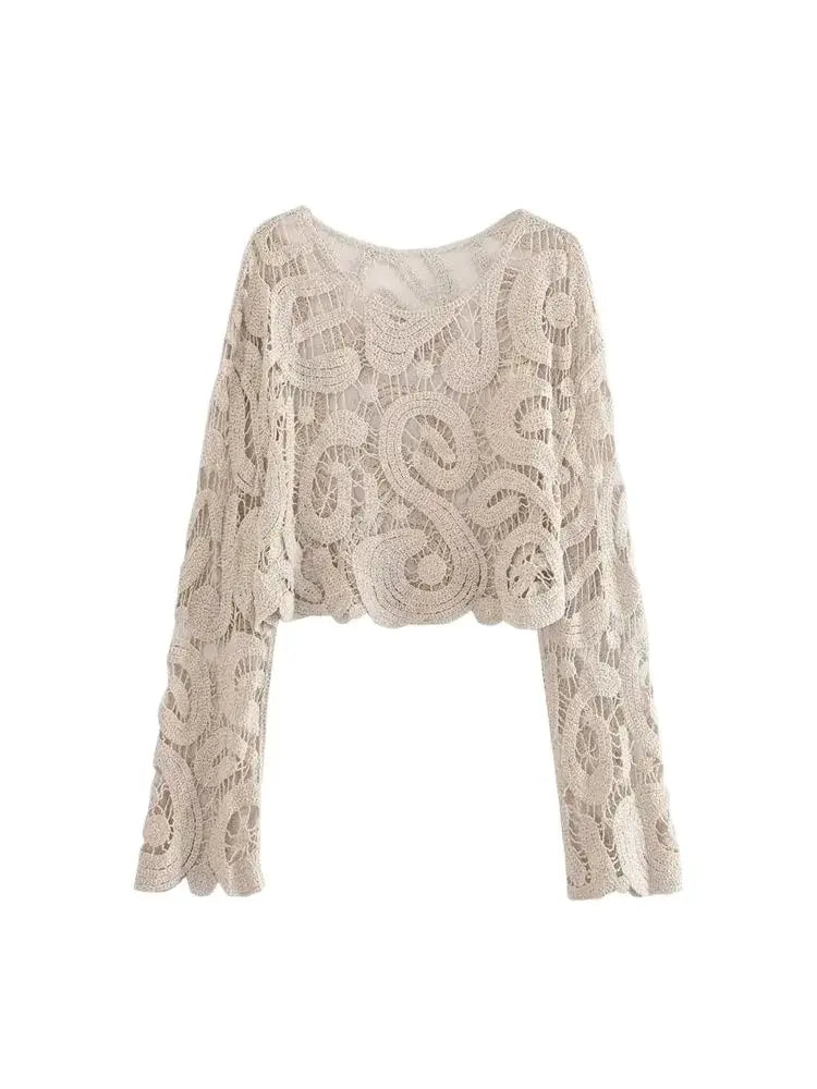 Women Fashion Cropped Semi-sheer Crochet Knit Sweater Sexy O Neck Long Sleeve Female Pullovers Chic Tops