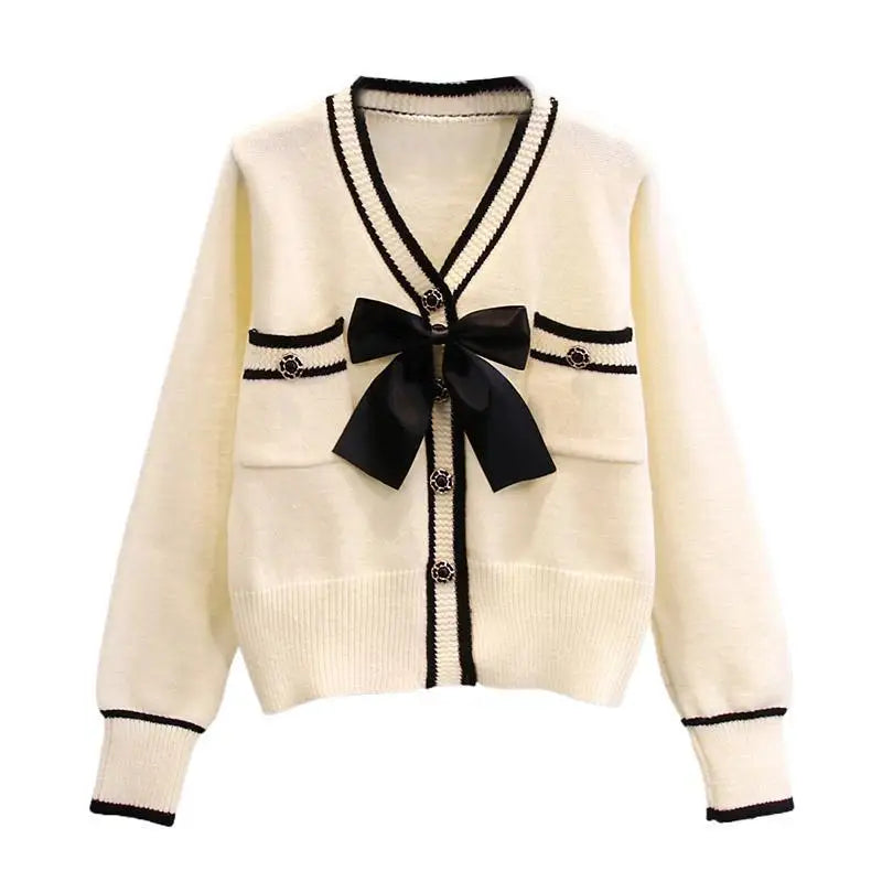 Bow design sweater jacket for women's spring wear new Japanese style western-style age reducing knitted cardigan