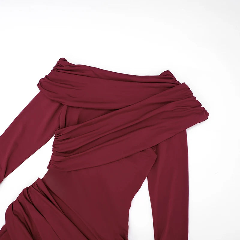 CUTENOVA Women'S Fall/Winter New Arrival Solid Color Elegant Fitted Asymmetrical Neckline Pleated Long Dress Chic Party Dress