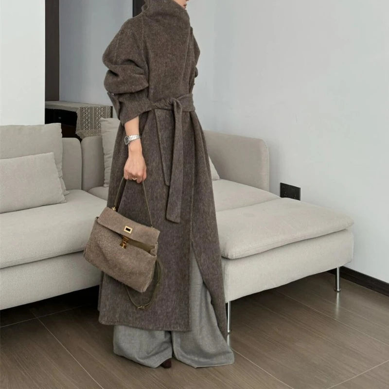 Temperament: Mid-length Woolen Jacket 2025 New Waist Lace-up Slimming Loose Commuter Coat for Women