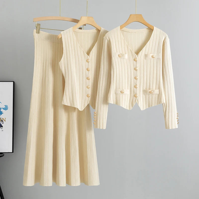2025 Women Three Piece Sets  Kintted  Vest Pleated Skirt Spring Autumn  Cardigan Top High Waist Skirt New Elegant  Suit