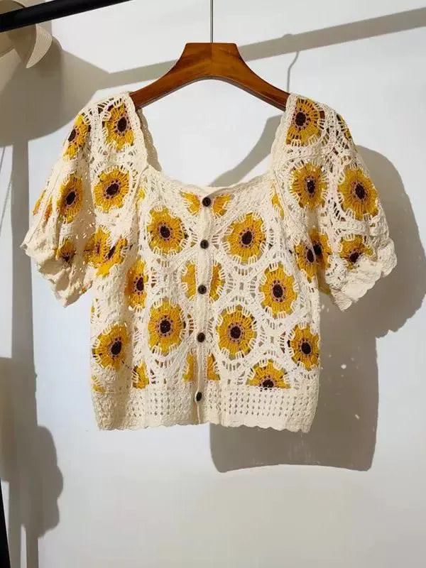 Embroidered Daisy Crochet Top Puff Sleeve Square Neck Openknit Floral Crop Blouse Summer Women Teen-girl Fairycore Outfit