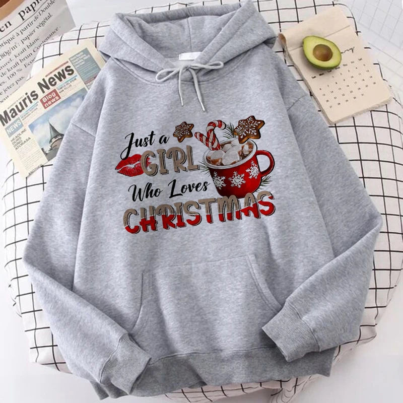 Just A Who Loves Christmas Graphic Hoodies Cozy Holiday Design with Hot Beverage and Snowflakes Sweatshirts Unisex Hoody Clothes