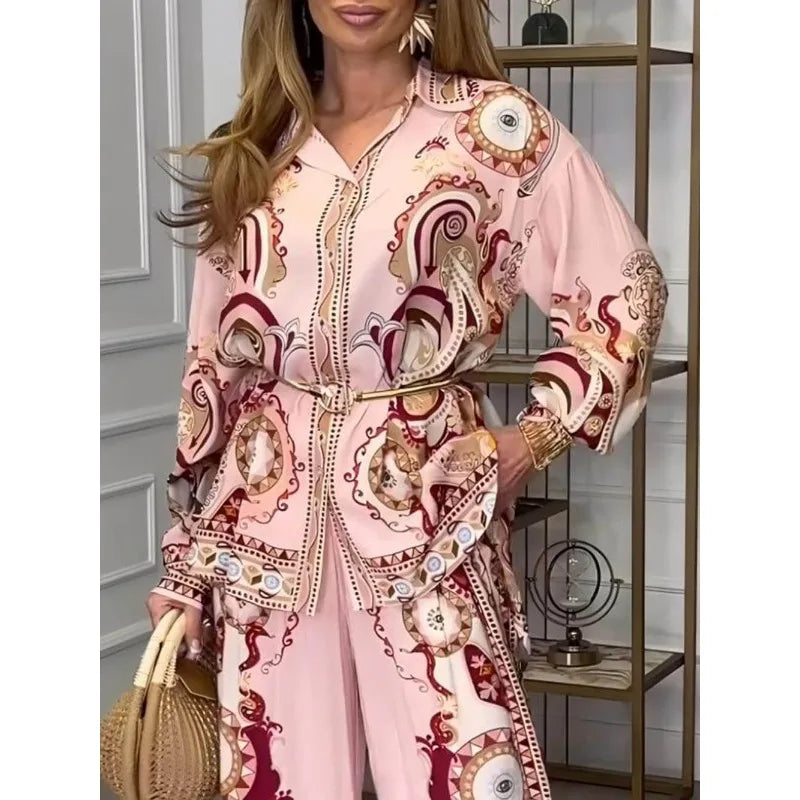 2025 Women Print Two Piece Set Elegant Chic Long Sleeve Shirt Top Wide Leg Pants Set Spring Vacation Tropical Outfits Streetwear