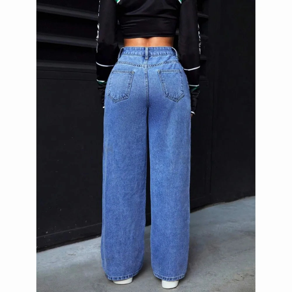 Autumn 2025 New Casual European and American Women's Loose Straight Wide-leg Denim Trousers Women