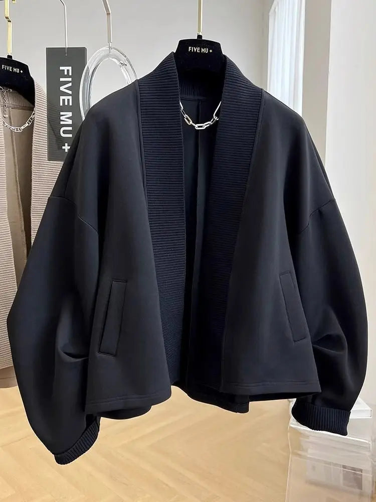 French black unique design coat women's spring and autumn new fashion plus size pleated personality literary leisure cardigan