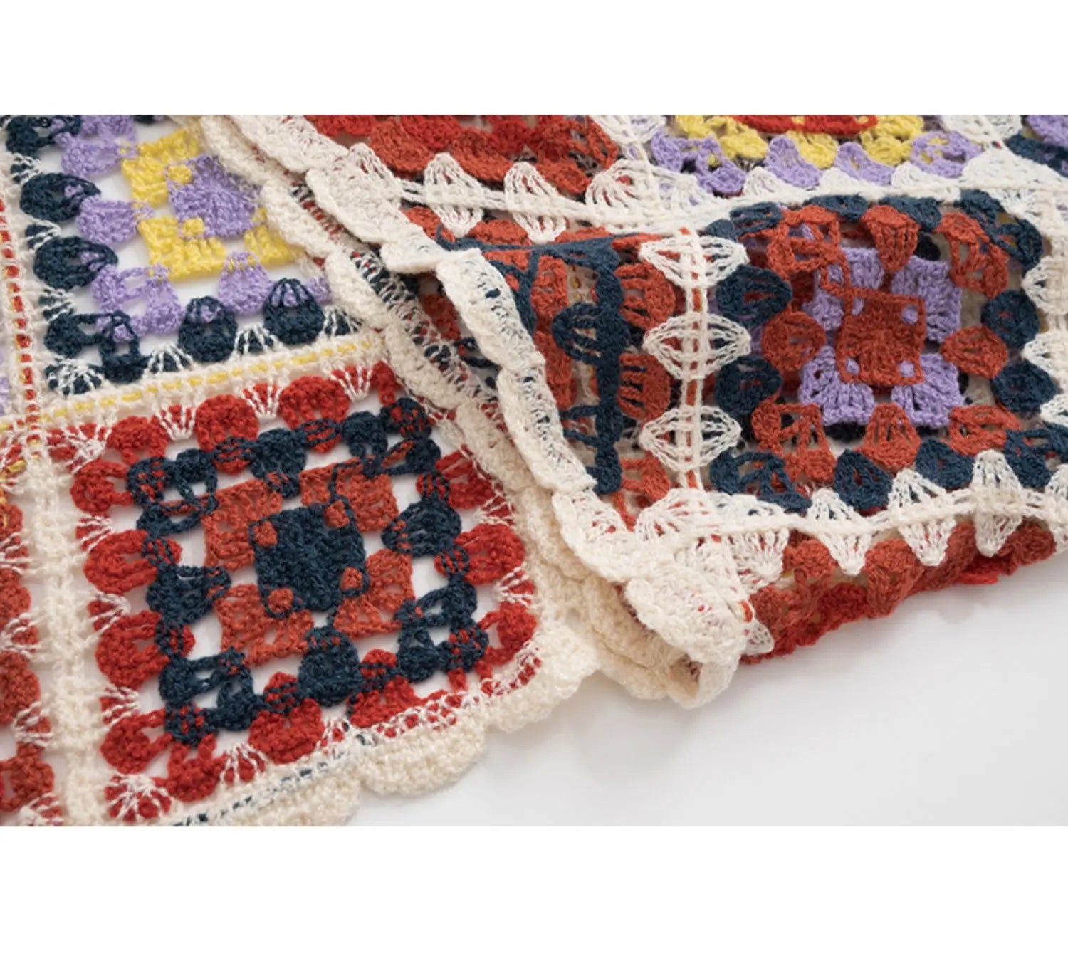 Crochet Granny Square Crop Cardigan Women Long Sleeve Open Front Knitted Shrug Top Beach Cover-up Boho Festival Outfit