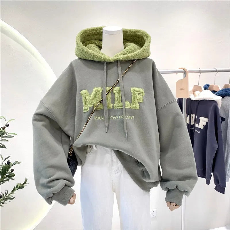 Women Loose Fashion Autumn Letter Splicing Lamb Hoodies Sweatshirt Casual Cotton Thick Long Sleeve Female Pullover Streetwear