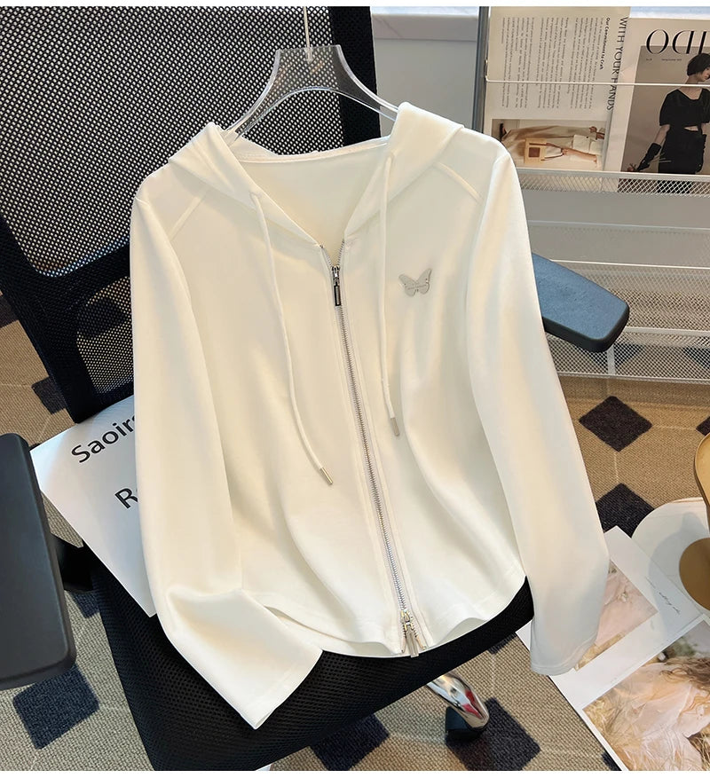 Korean Fashion Hoodies Sweatshirts Women Zipper Long Sleeve Loose Casual Oversized Jumper Black White Jacket Coat Winter Autumn