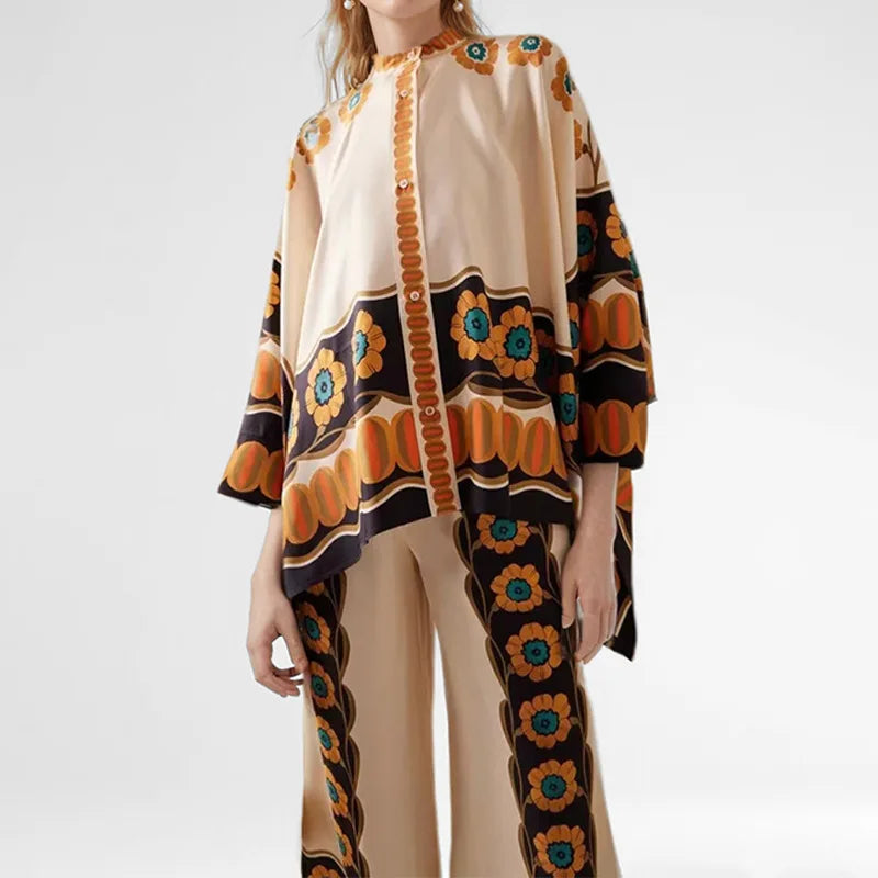 2025 Autumn Fashion Trend Women's Suit Retro Print Irregular Loose Long-sleeved Shirt + Casual Elastic Waist Wide-leg Pants Suit