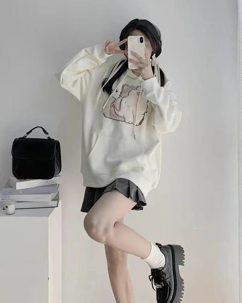 Korean Style Cat Print Pullover Hoodie Streetwear Embroidery Design Autumn Winter Cute Cartoon Loose Fit For Couples Men Women