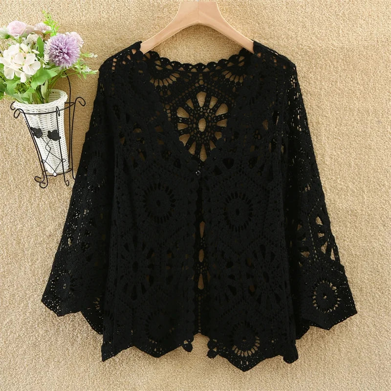 Women's Shirt 2025 Hollow out New Female Coat Knitted Shirt Lace Thin Hook Flower Loose Solid Color Fashion Top Hoodie Versatile