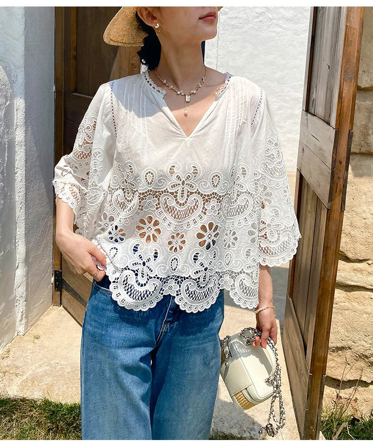 Chic Hollow Lace Embroidery Suit French V-neck Casual Top + Elastic Waist Shorts 2-piece Set For Vacation Beach Women Outfits