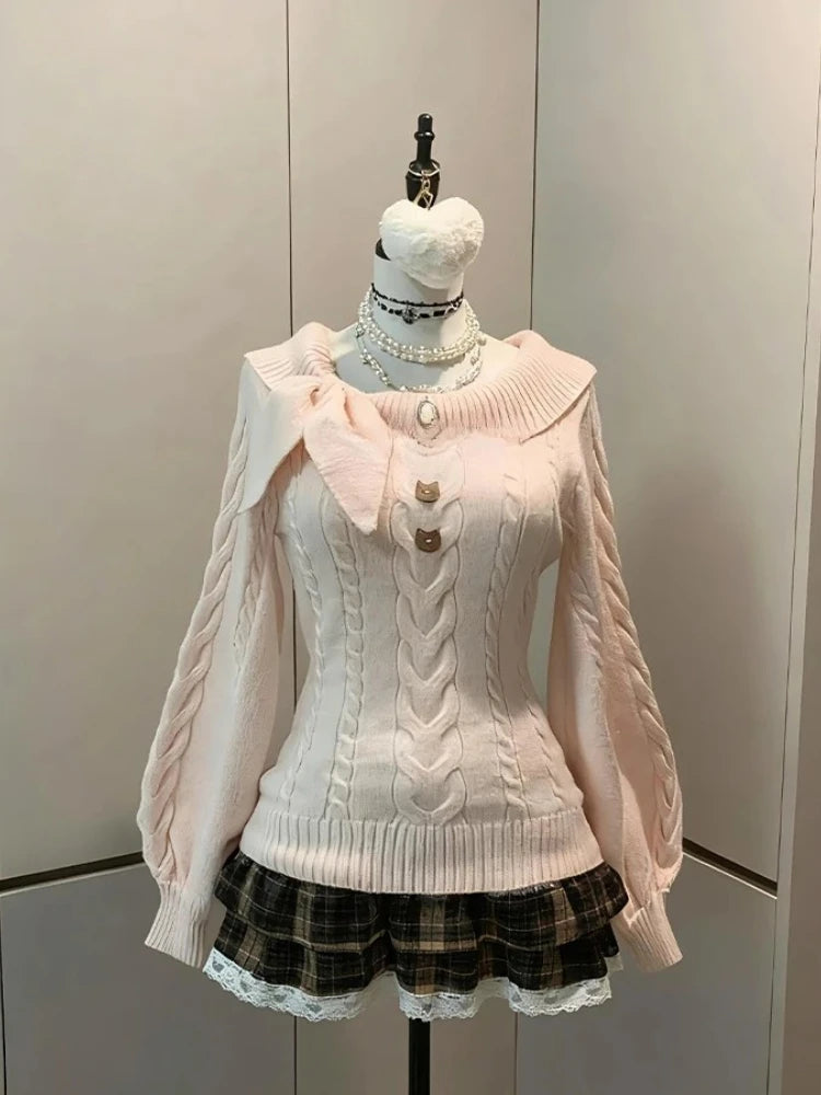 Sweet Korean Knitted Sweater Women Autumn Winter Faux Fur Jumper Female Japanese Kawaii Jumpers Vintage Elegant Pullover Y2k