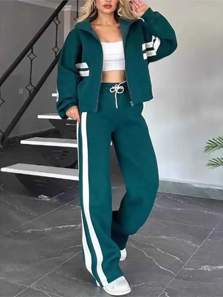 Fashion Long-sleeved Stand-up Collar Zipper Top + Wide-leg Pants 2-piece Set Women Autumn Striped Splicing Sport Suit Female Y2K