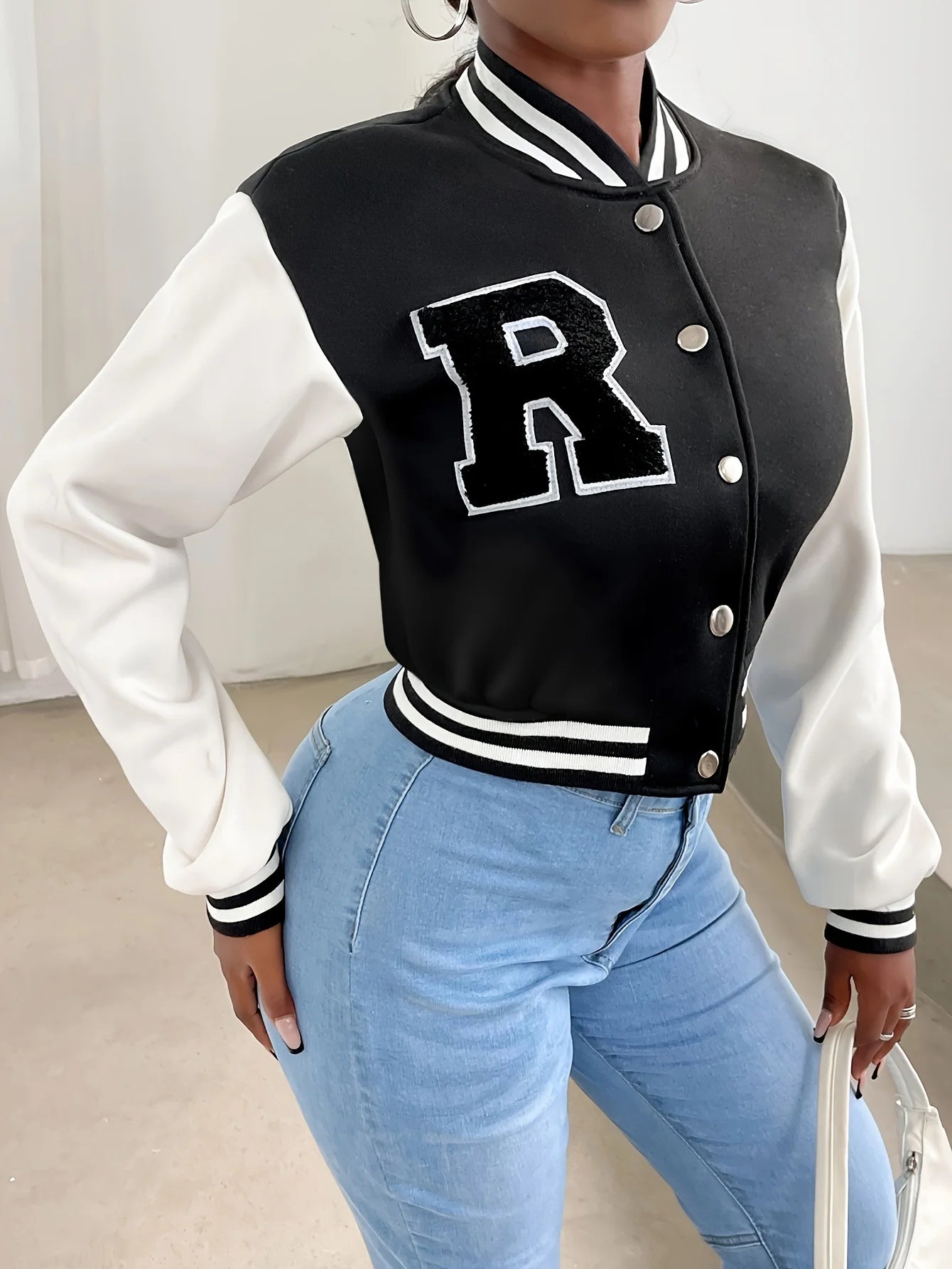 Elegant Women_s Casual Jacket  White Autumn Winter Button Baseball Aviator Cropped Jackets For Women Long Sleeve Crop Outerwear