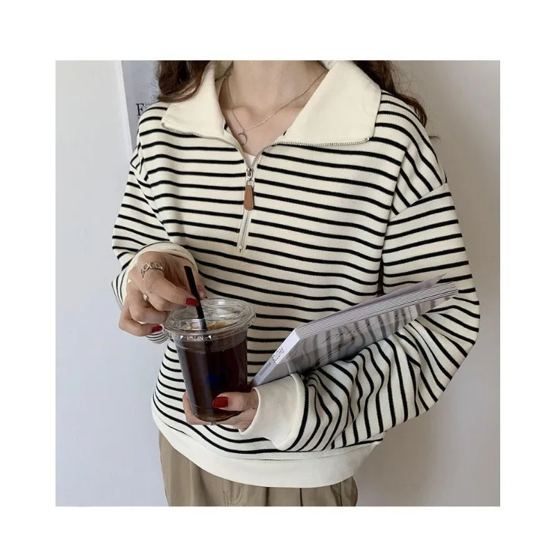 Polo Collar Sweatshirt for Women 2025 Autumn Small Short Jacket Striped Long Sleeve Top Pullover Top Trendy