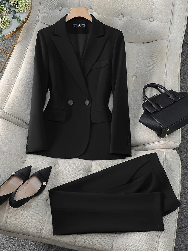 Blue Gray Black Solid  Women Pant Suit Office Ladies Female Business Work Wear 2 Piece Set Formal Blazer Jacket And Trouser