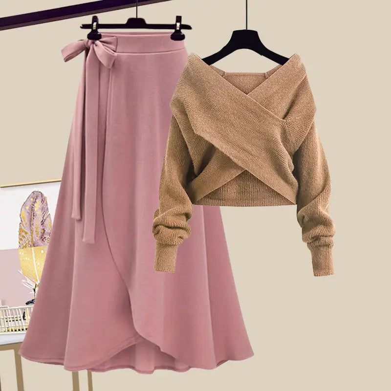 Spring/Summer Set Women's 2023 New Large Women's Korean Slim Cross Sweater High Waist Half Skirt Two Piece Set Fashion