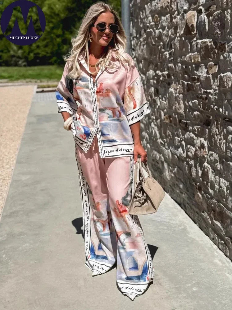 2 Pieces Set for Woman Summer New Elegant Printed Half Sleeves Shirt Tops Suits Fashionable Casual Loose Wide Leg Pants Sets
