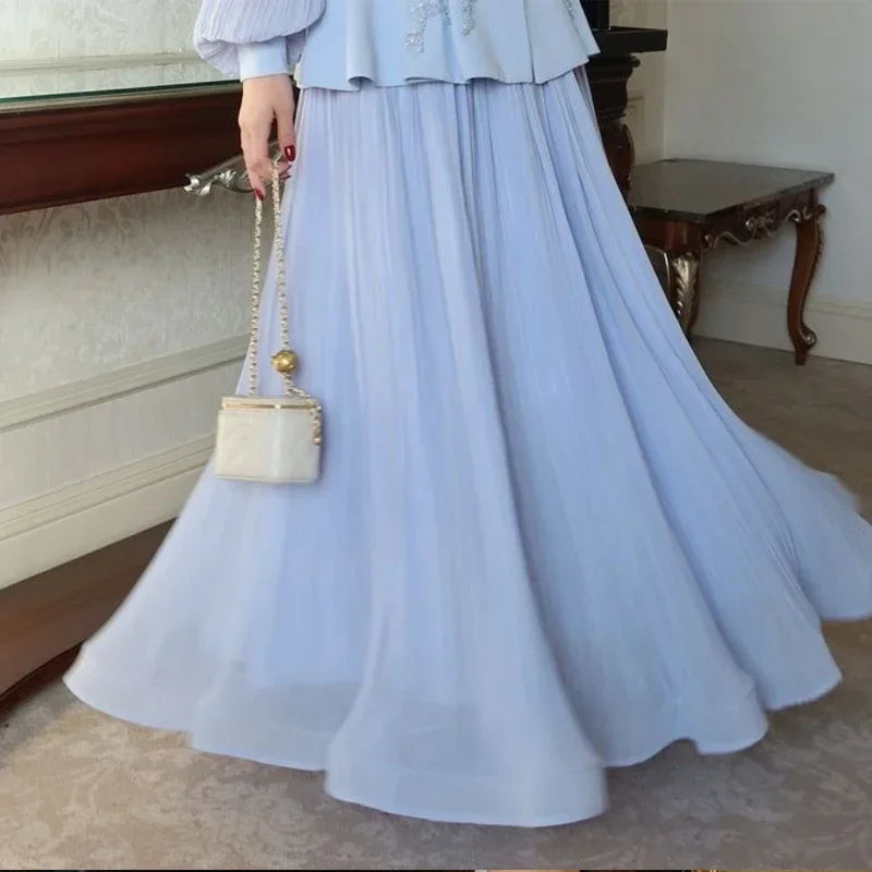 Elegant 3D Flower Solid Women Top Set  V-neck Lantern Sleeve A Line Pleated Lady Skirt Sets 2025 Autumn Female Suit New