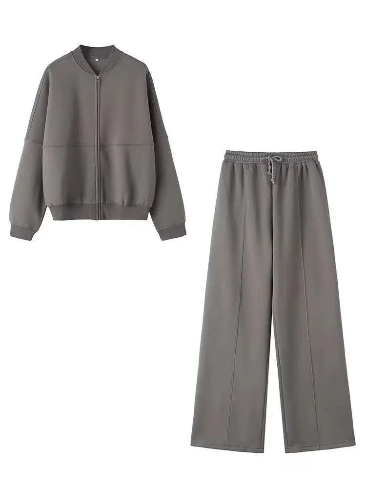 HH Bomber Jacket Pant Sets For Women Casual Long Sleeve Zipper Coat Vintage Solid Sweatshirt Outfits Autumn Woman Streetwear