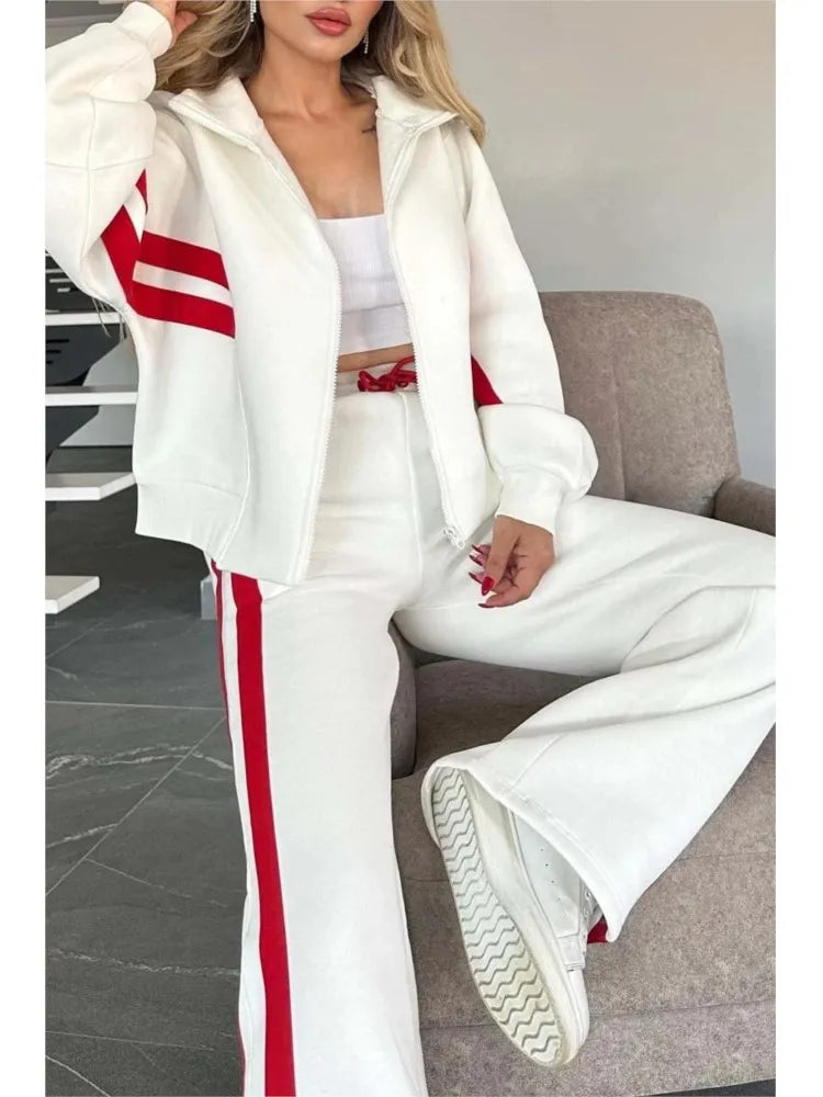 Fashion Long-sleeved Stand-up Collar Zipper Top + Wide-leg Pants 2-piece Set Women Autumn Striped Splicing Sport Suit Female Y2K