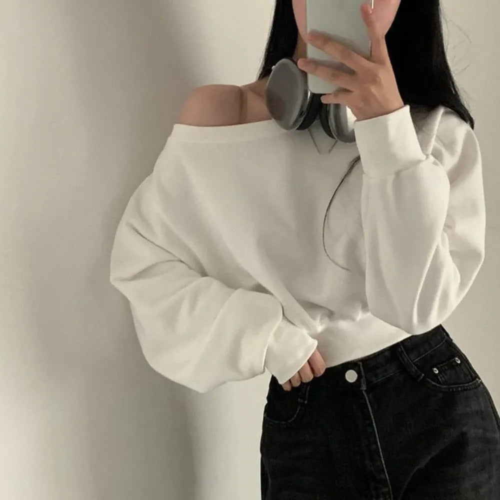 Korean Style Retro Long Sleeve T Shirt Loose Solid Color Sweatshirts for Women Casual Stylish Autumn Hoodie Crop Top Streetwear